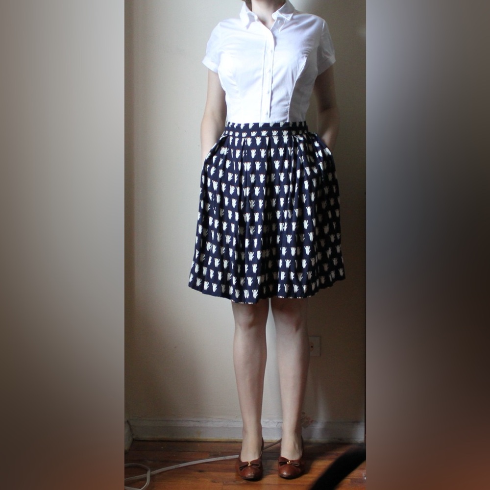 Cat print Brooklyn Industries Navy and Cream A-Line Skirt